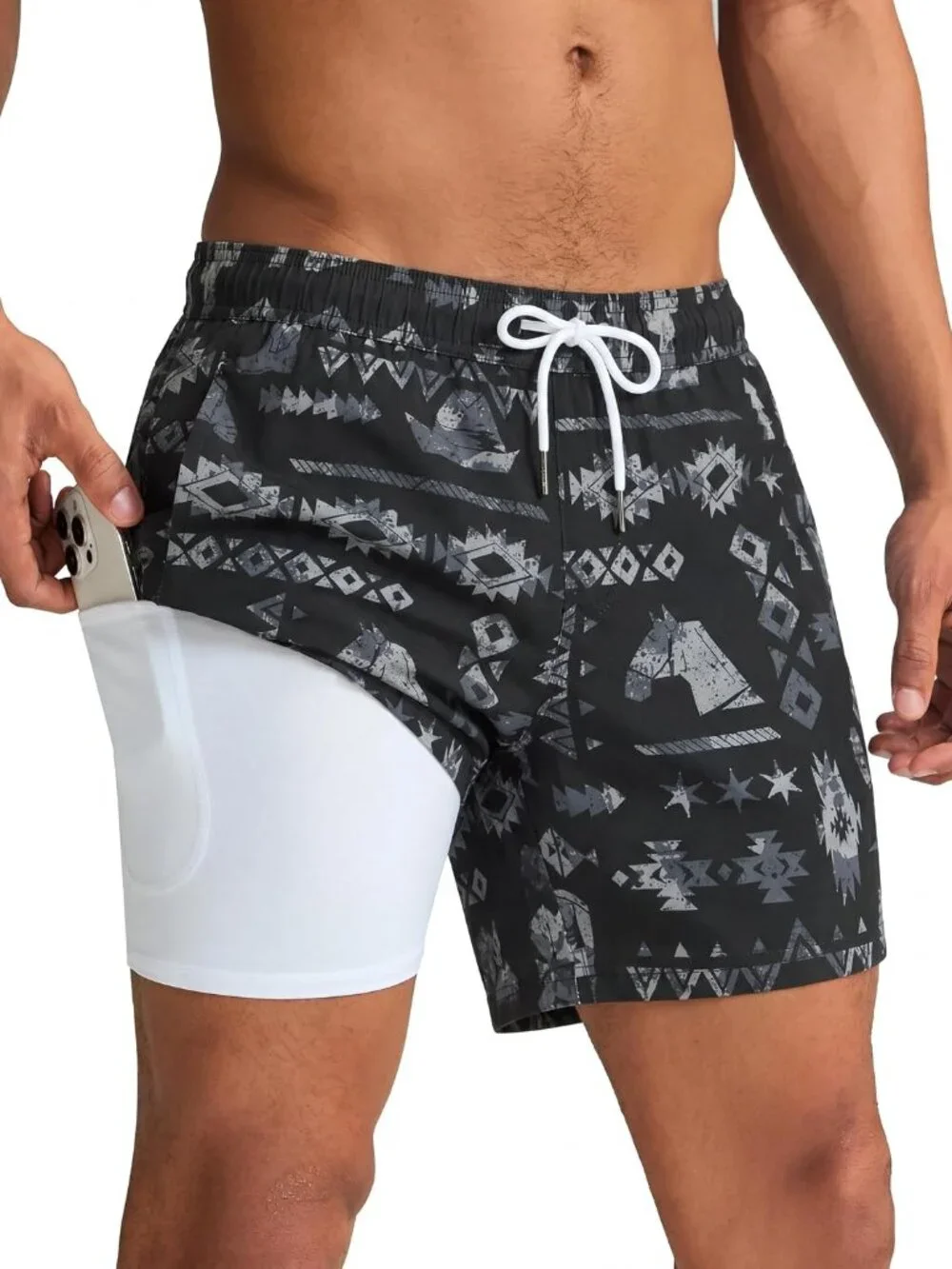 Mens Swim Trunks with Compression Liner 5 Inch, Quick Dry Bathing Suit with Zipp